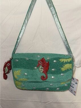 Aqua Beaded Seahorse Shoulder Bag